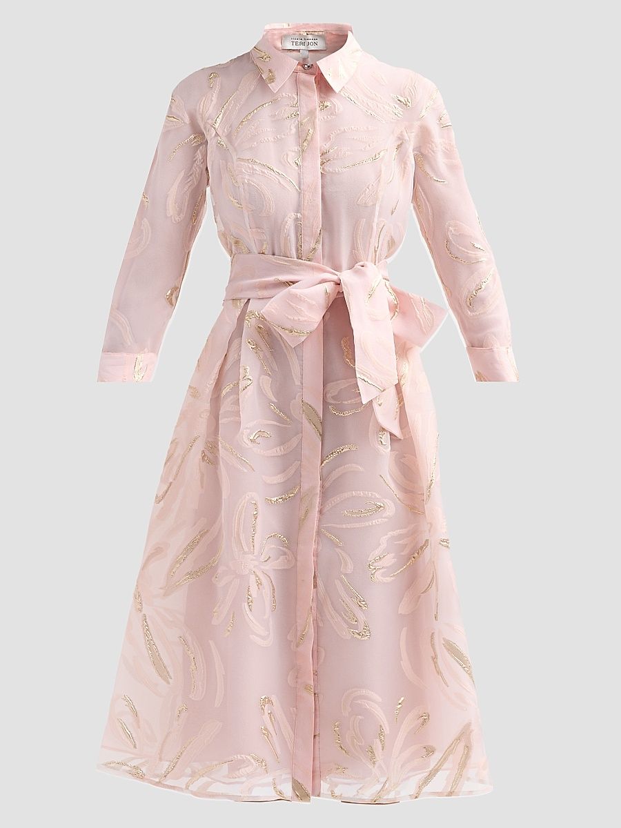 Women's Metallic Jacquard Organza Midi Shirtdress - Blush Gold - Size 18