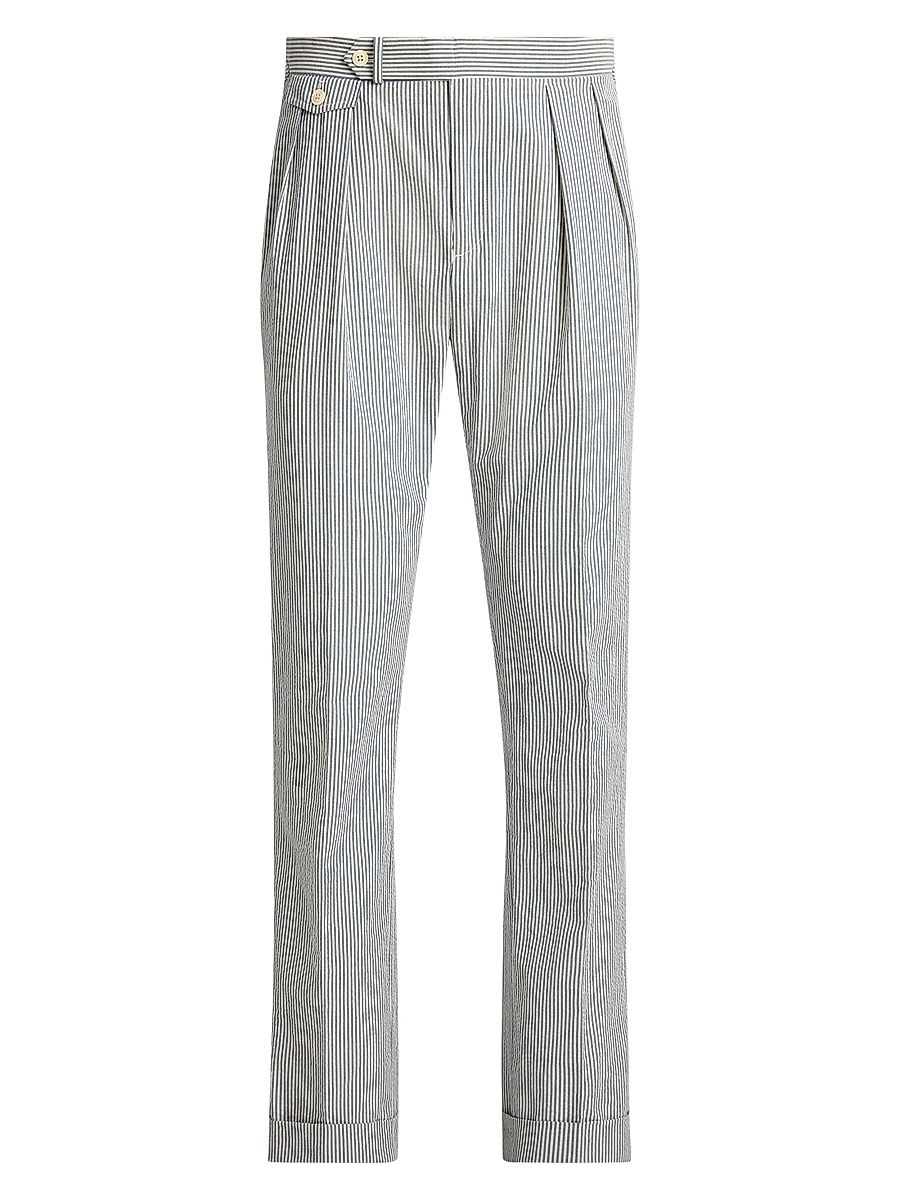 Men's Pinstriped Cotton Seersucker Pleated-Front Pants - Vintage Blue Vintage Cream - Size 40
