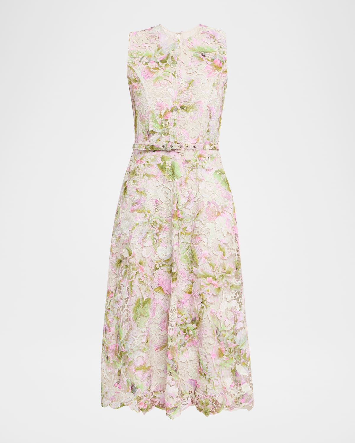 Printed Tulip Lace Sleeveless Belted Midi Dress