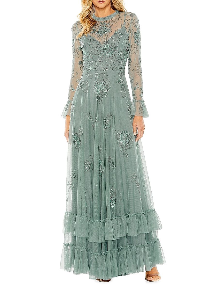 Women's Tiered Embellished Mesh Flutter-Sleeve Gown - Spruce - Size 4