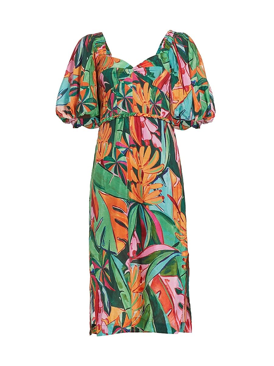 Women's Banana Foliage Puff-Sleeve Cotton Voile Midi-Dress - Size XS