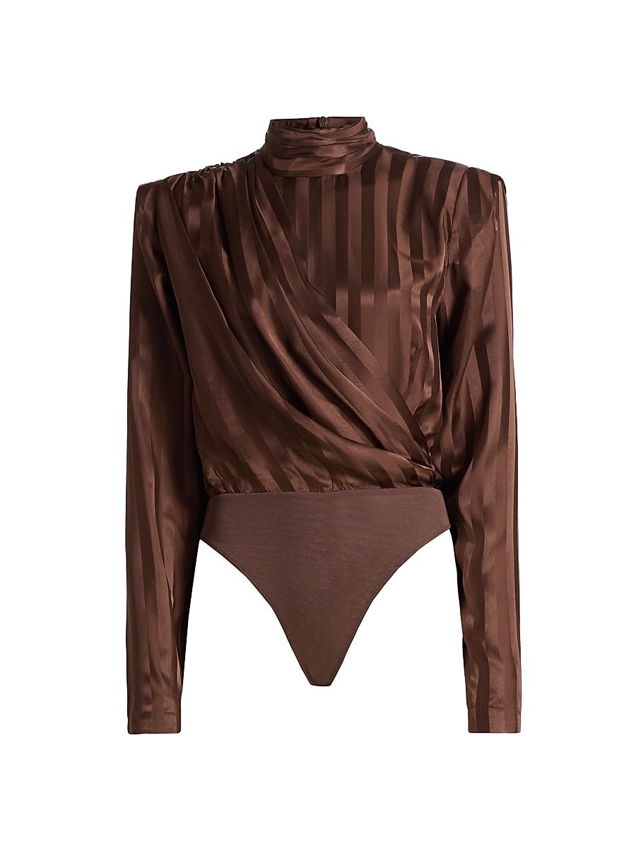 Women's Poppins Striped Satin Draped Bodysuit - Brown - Size XL