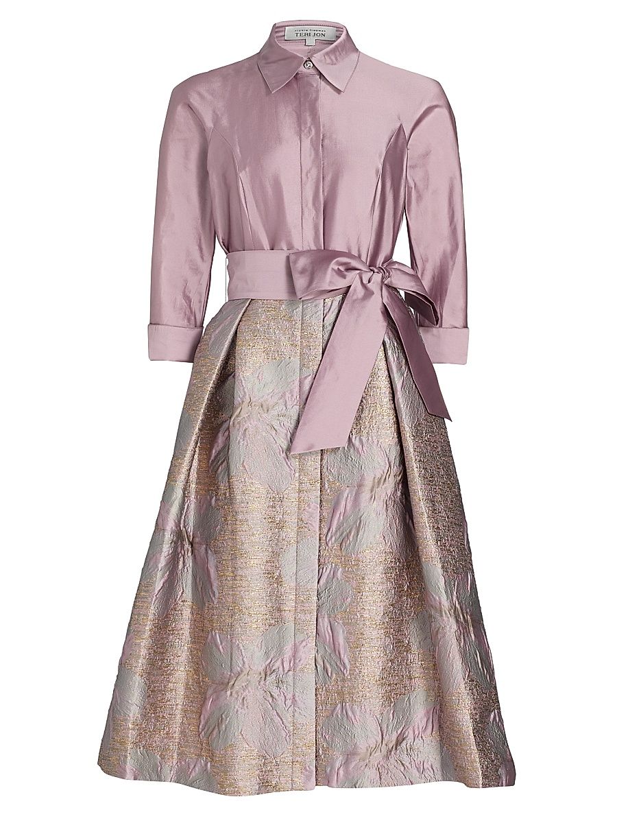 Women's Taffeta Floral Jacquard Cocktail Shirtdress - Mauve Multi - Size 16