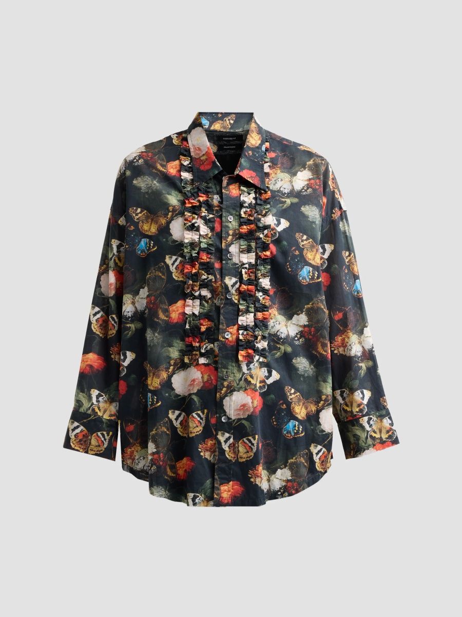 R13 Women's Floral Cotton Ruffle Shirt - Black Red Multicolor Floral - Size Large