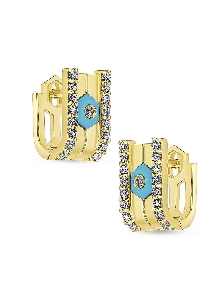 Women's Baia 18K Yellow Gold, 0.72 TCW Diamond & Turquoise Hoop Earrings - Yellow Gold