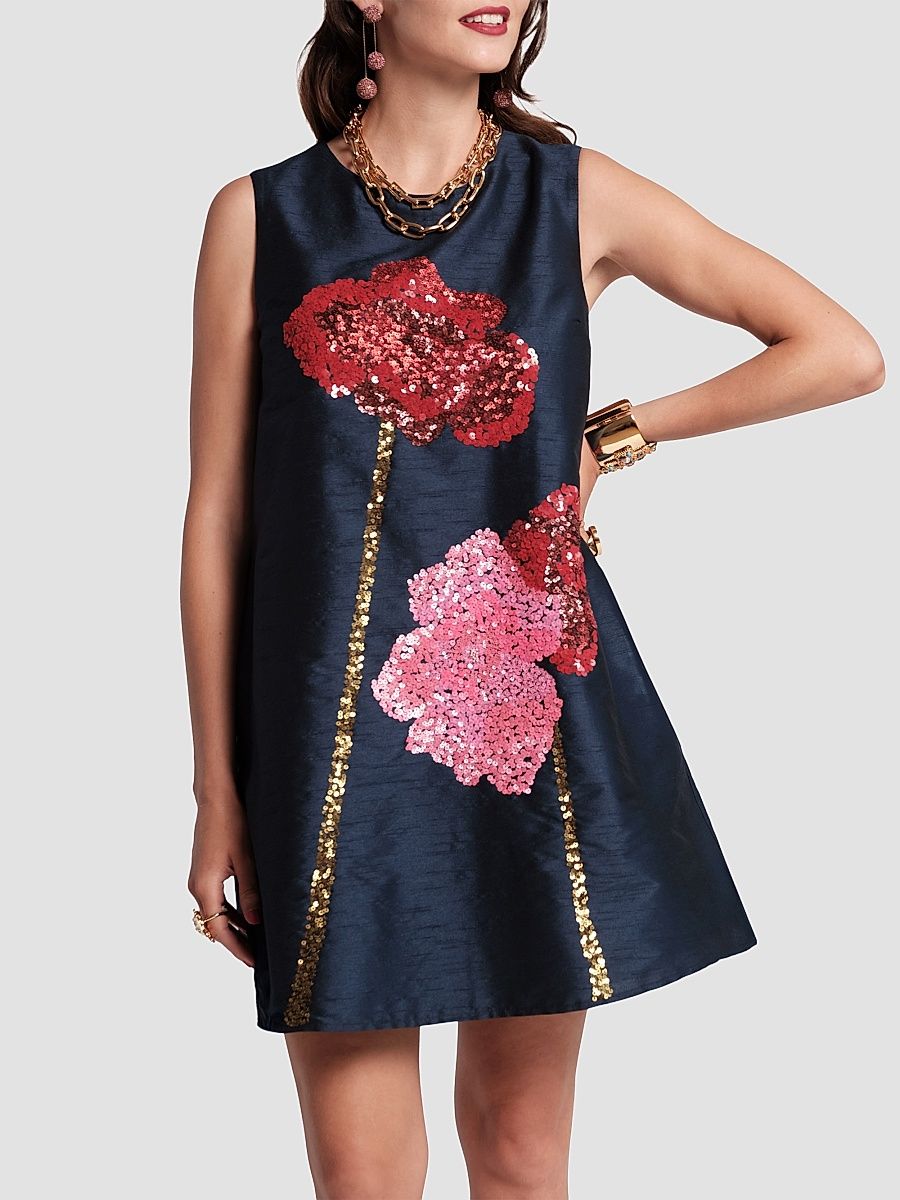 Women's Alice Sequined Poppy Shift Dress - Navy Multi - Size XL