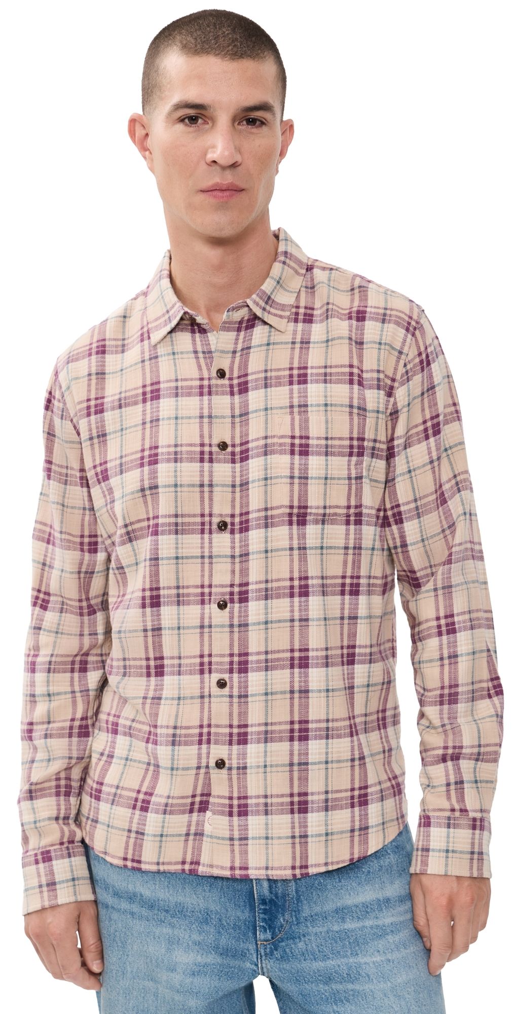 Marine Layer Classic Stretch Selvage Shirt Green/Purple Multi Plaid S
