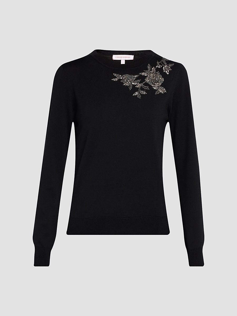 Women's Embellished Silk-Cotton Crewneck Sweater - Black - Size XL