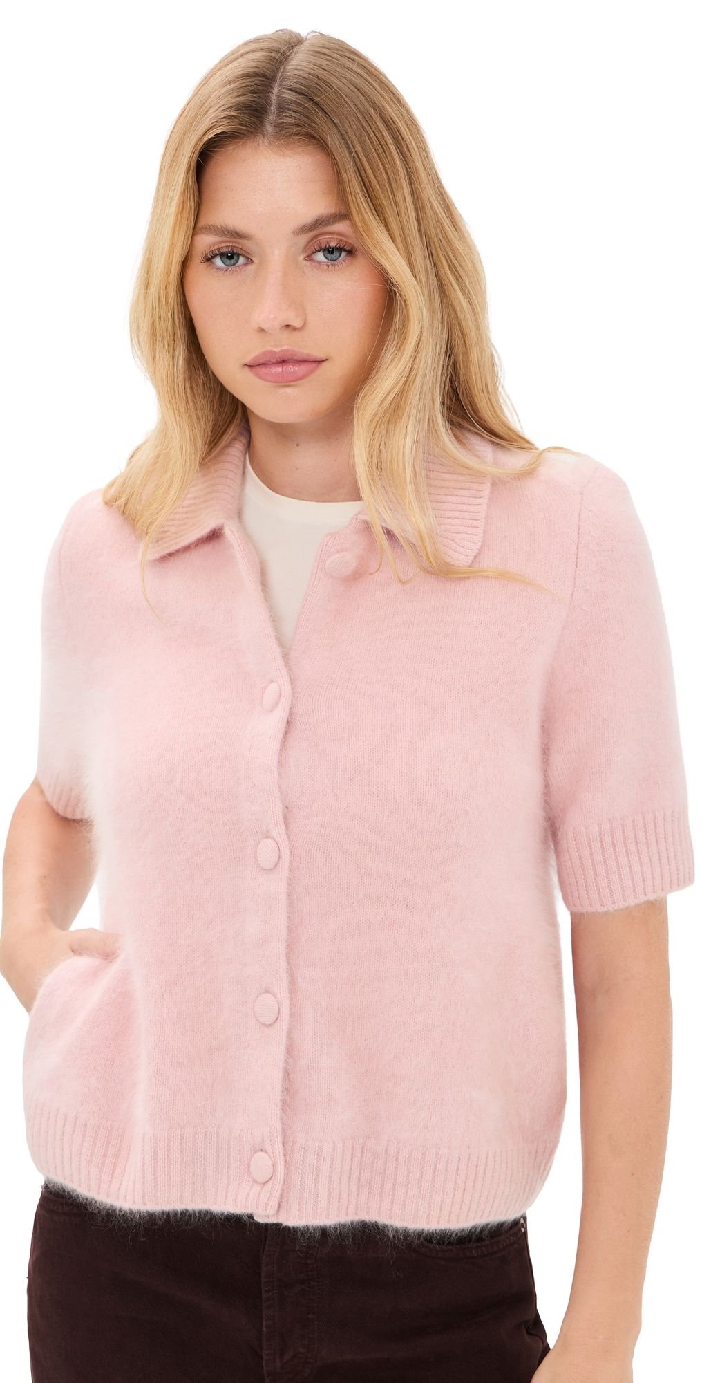 rag & bone Jada Brushed Cashmere Short Sleeve Cardigan Pink XXS