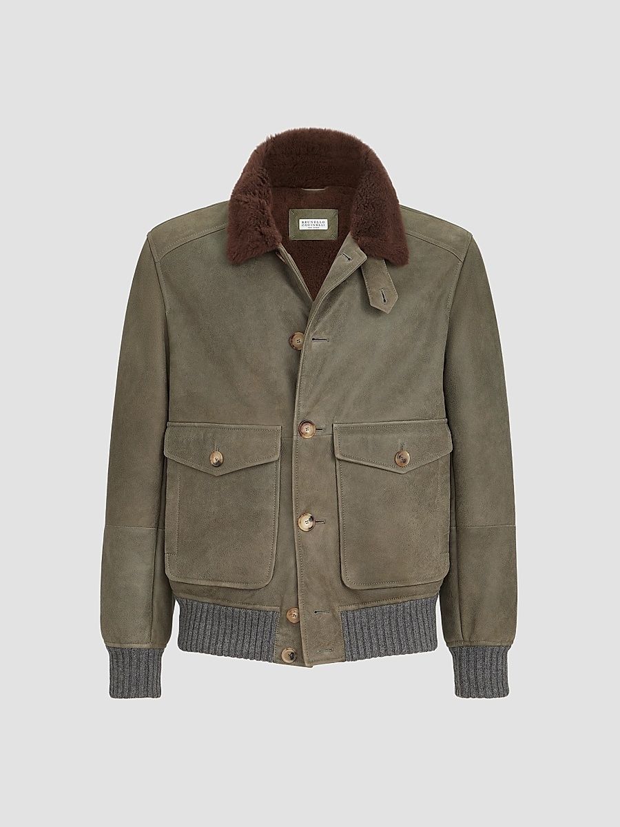 Men's Waxed Shearling Bomber Jacket with Shearling Collar - Military - Size Large