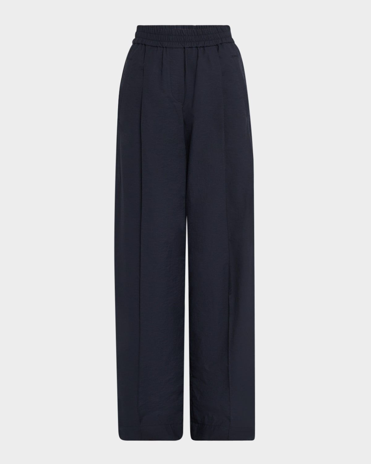 Pleated Crispy Diagonal Cotton Wide-Leg Pull-On Pants