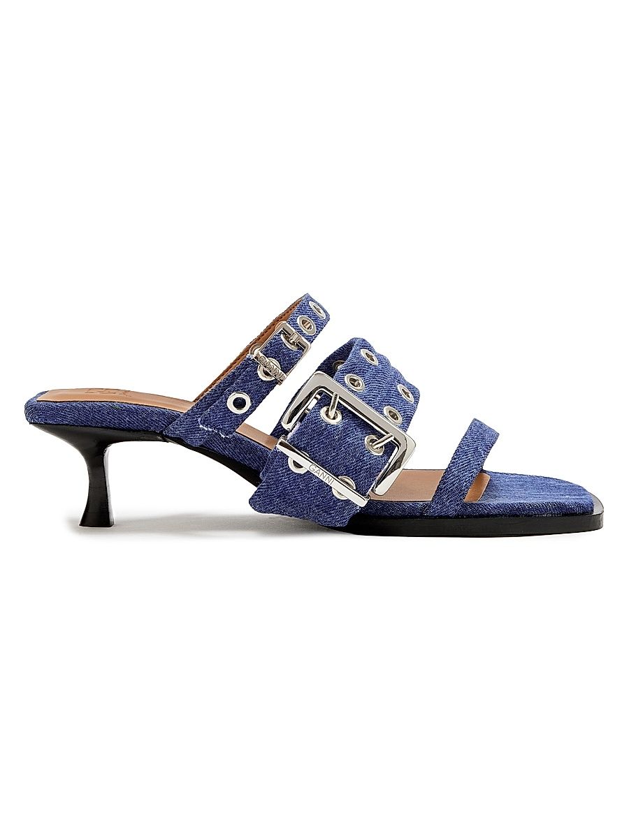 Women's 50MM Buckle-Strap Denim Mules - Mid Blue Vintage - Size 11