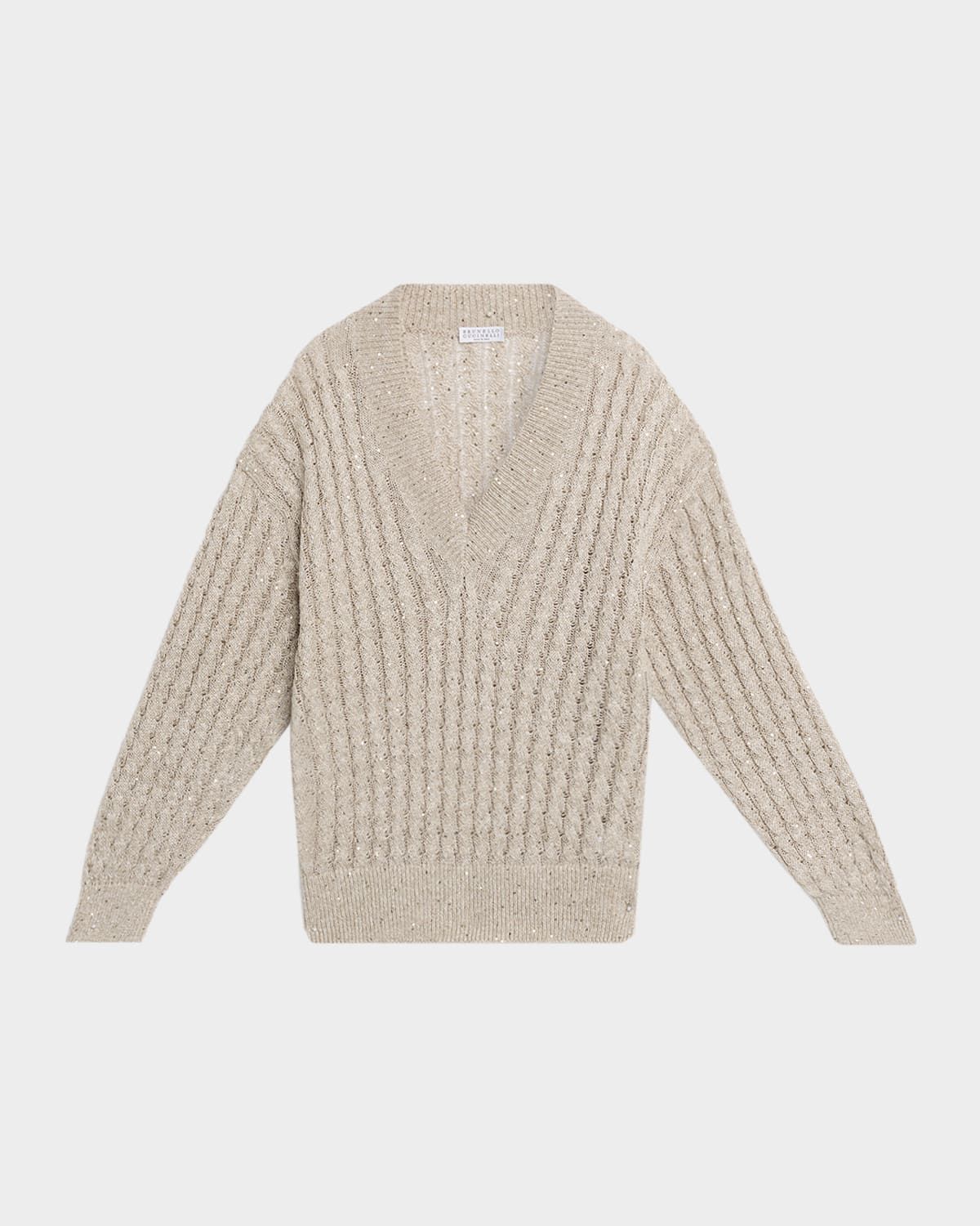 Paillette Linen Cable Knit V-Neck Sweater