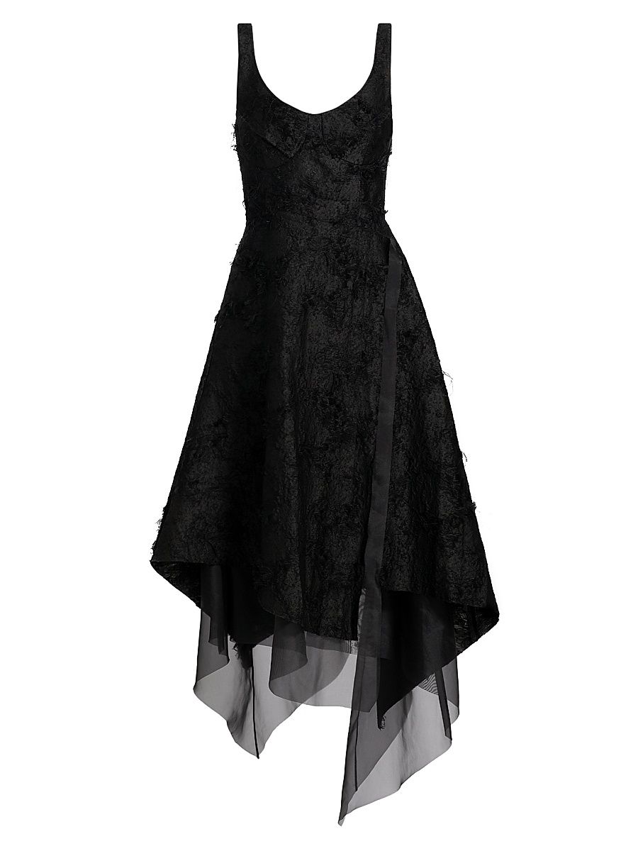 Women's Asymmetrical Frayed Jacquard Midi-Dress - Black - Size 12