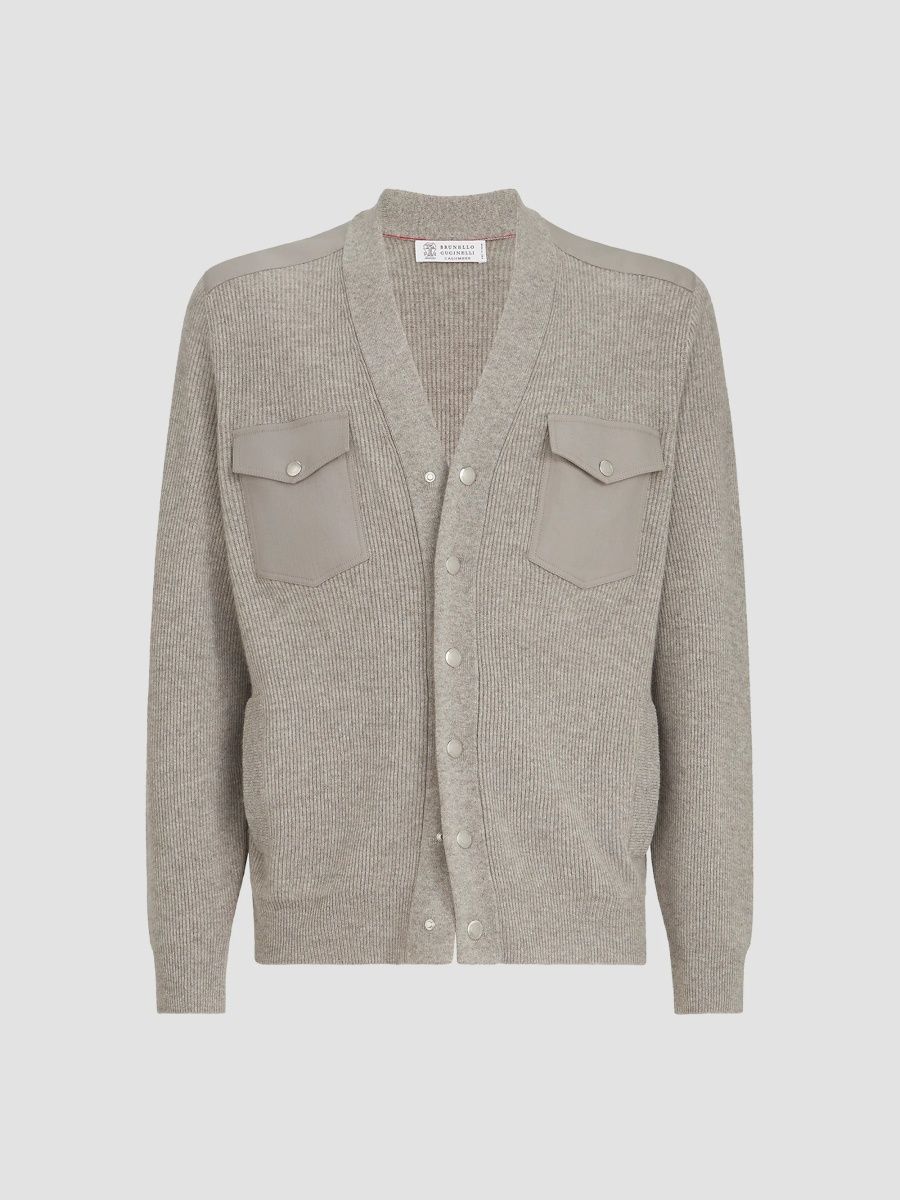 Brunello Cucinelli Men's Cashmere Cardigan with Chest Pockets and Snap Buttons - Stone Grey - Size 34