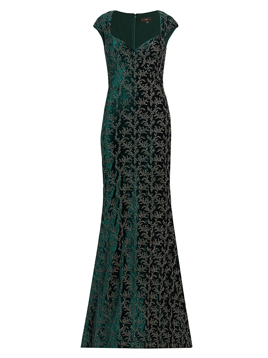 Women's Zoelle Beaded Velvet Fit-&-Flare Gown - Emerald Gunmetal - Size 16