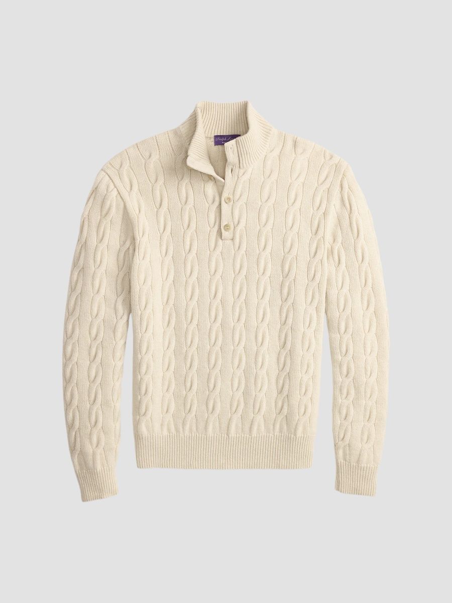 Ralph Lauren Purple Label Men's Cable-Knit Cashmere Sweater - Oatmeal Melange - Size XXL