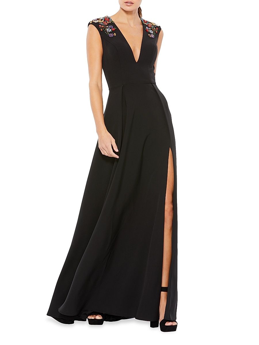 Women's Crystal-Embellished V-Neck Gown - Black - Size 18