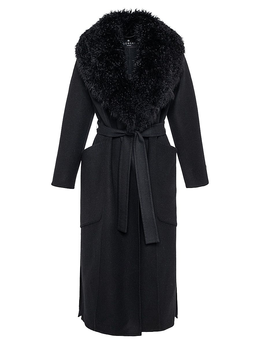 Women's Double Face Loro Piana Wool and Cashmere Coat with Detachable Cashmere Goat Collar with Belt - Black - Size XS