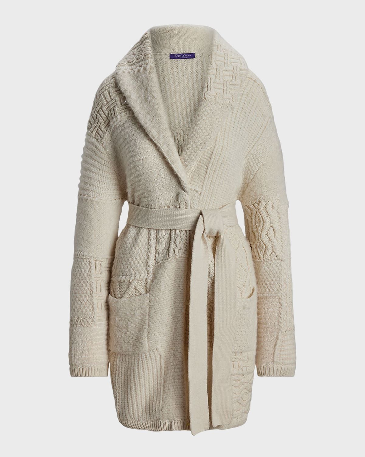 Patchwork Shawl-Collar Belted Cardigan