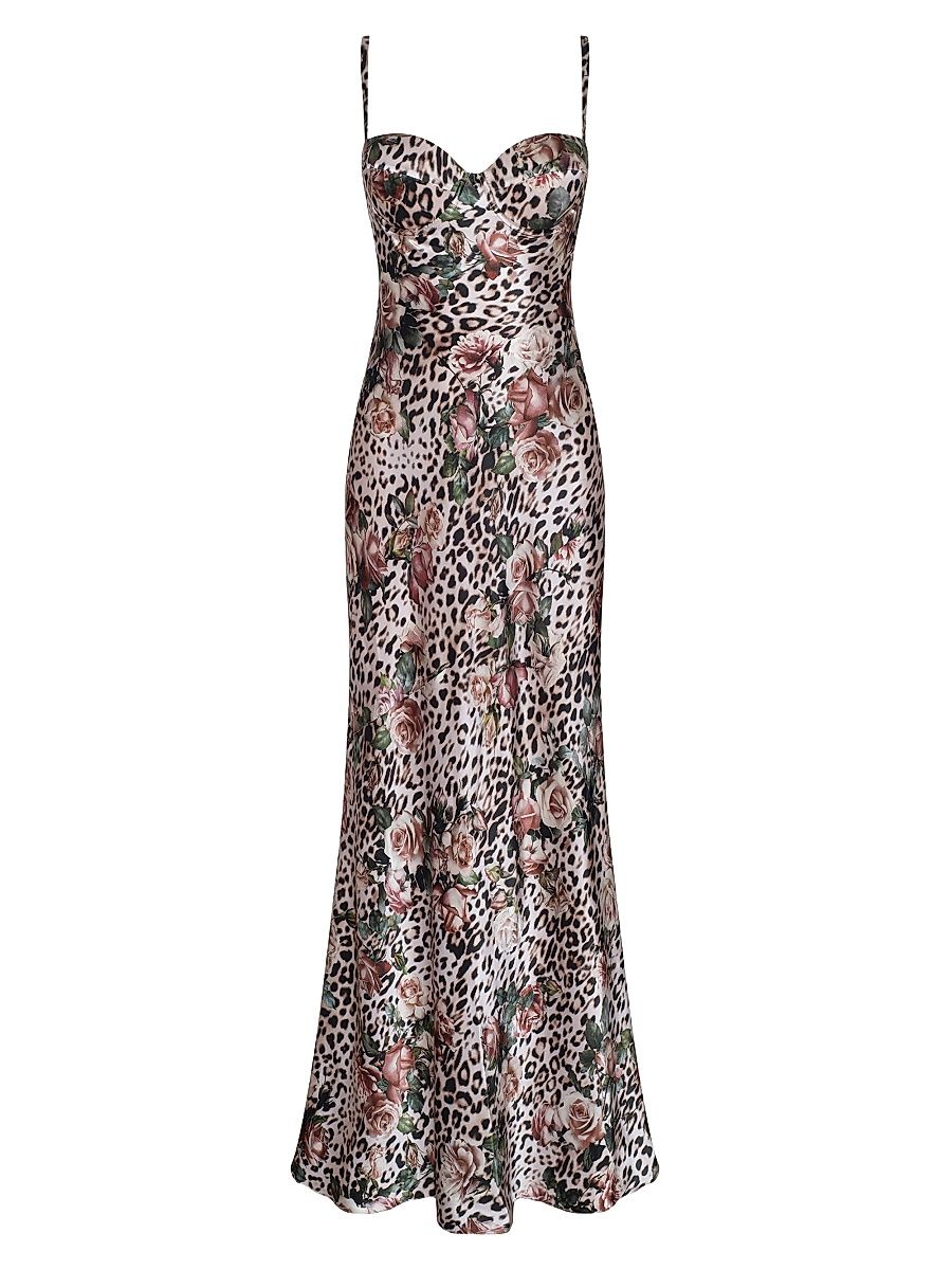 Women's Sayla Leopard Rose Printed Silk Gown - Multi Large Rose Cheetah - Size 10