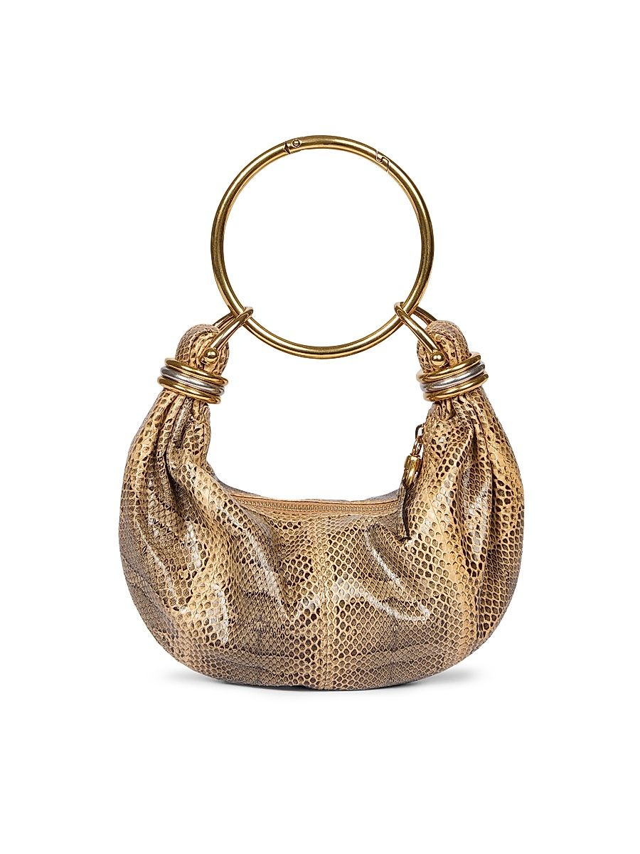 Women's Mini Bracelet Snake-Embossed Leather Hobo Bag - Apricot Pink