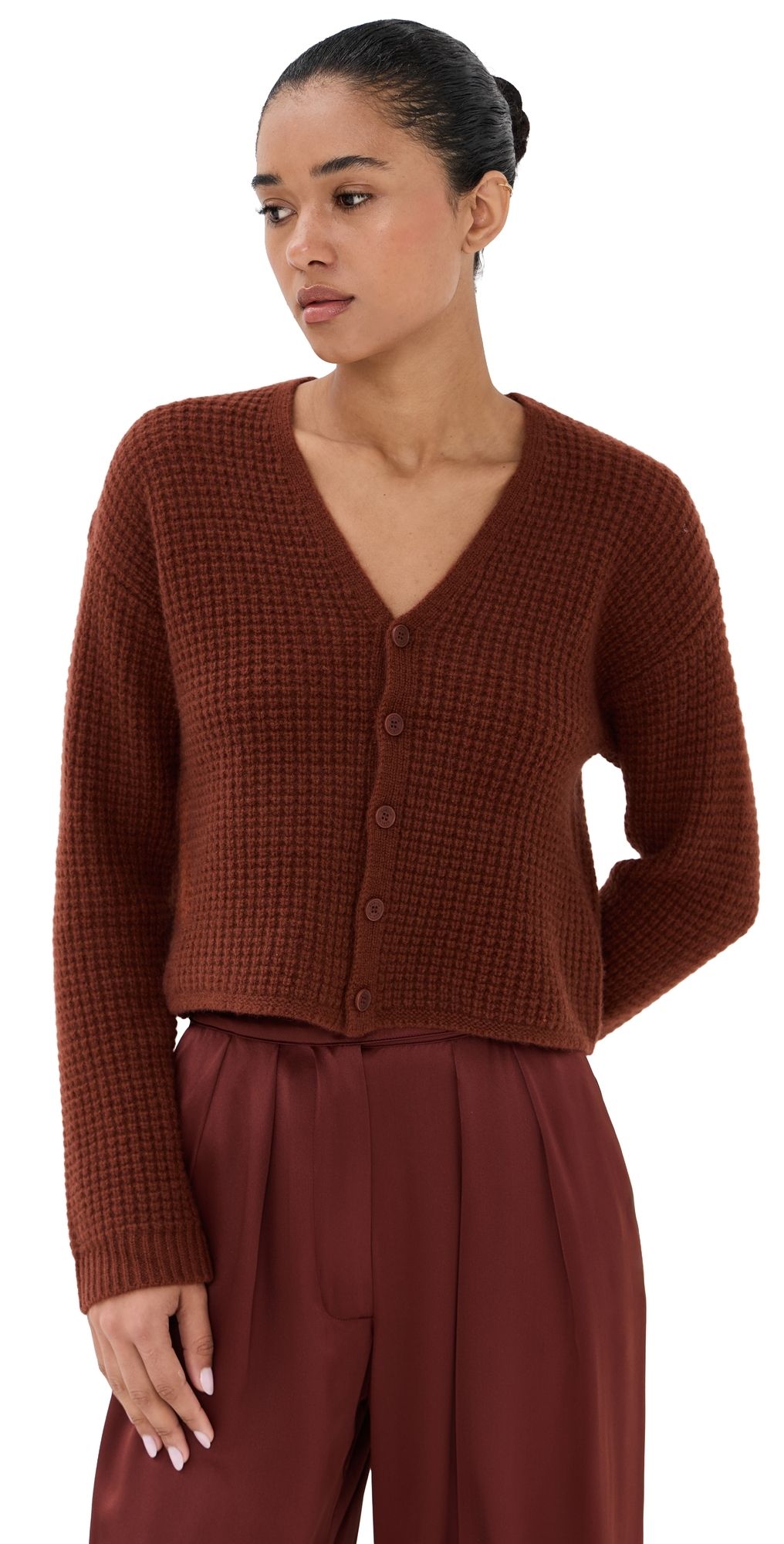 Sablyn Bianco Cashmere Cropped V Neck Cardigan Mahogany L
