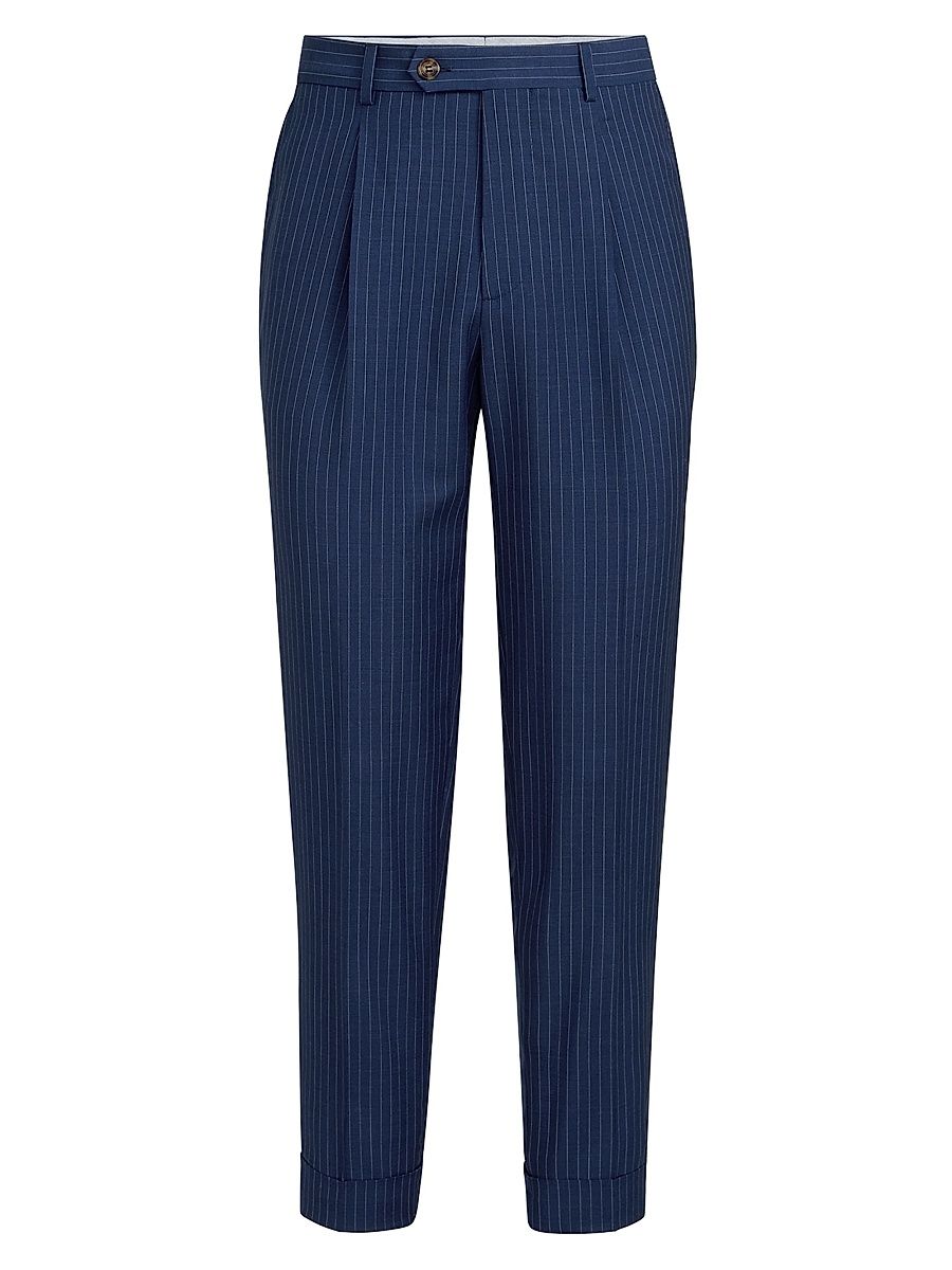 Men's Wool and Mohair Pinstripe Fresco Pleated Trousers - Blue - Size 38