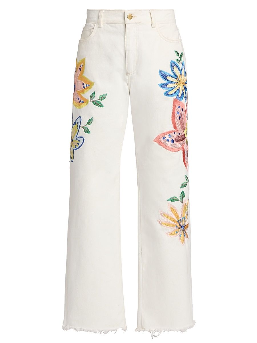 Women's Amber Floral-Embroidered Jeans - White Embroidered - Size 31