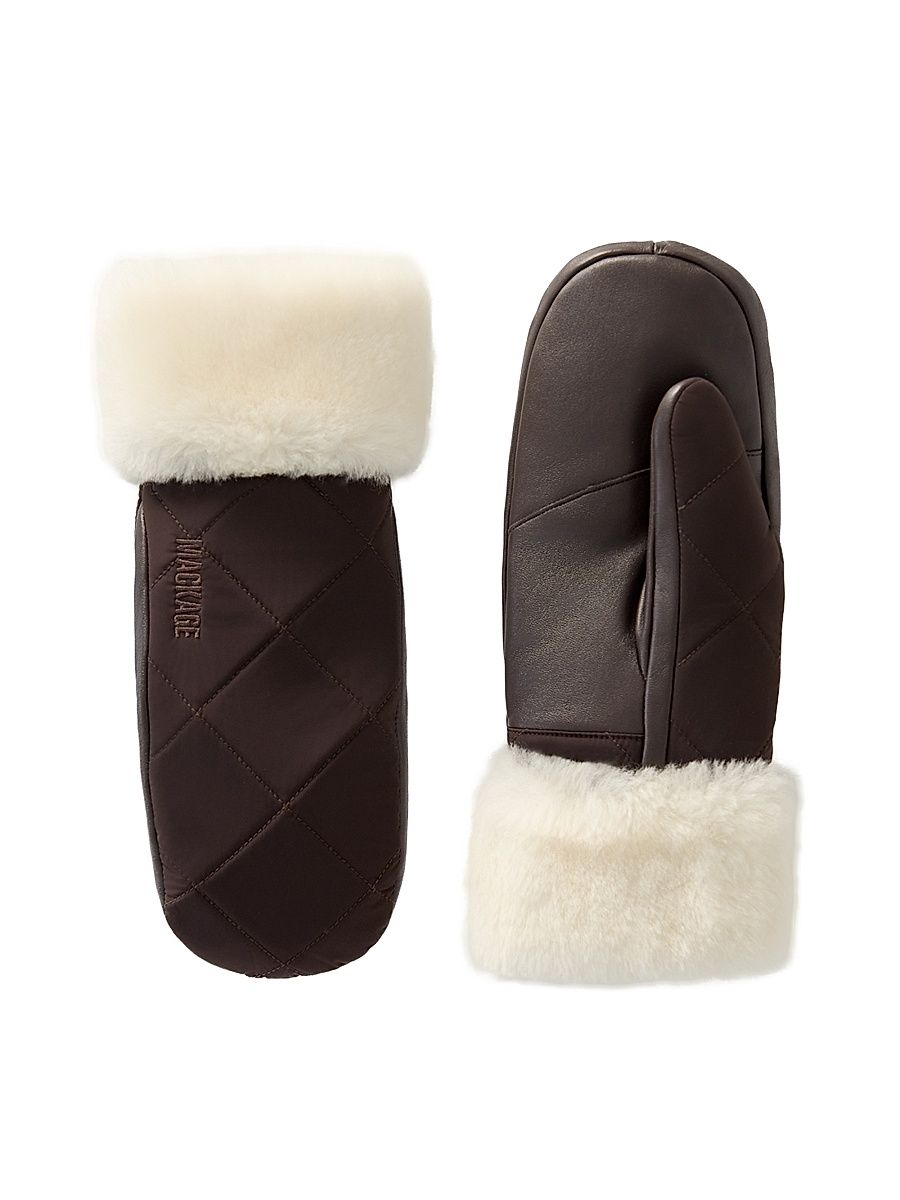 Women's Jazmina Shearling-Trim Quilted Down Mittens - Coffee Natural - Size Medium