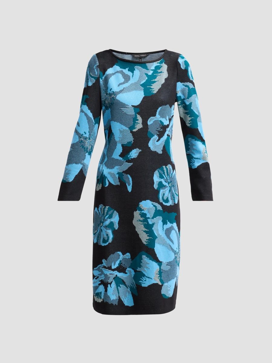 Ming Wang Women's Petite Floral Jacquard Knit Knee-Length Dress - Deep Teal - Size XL