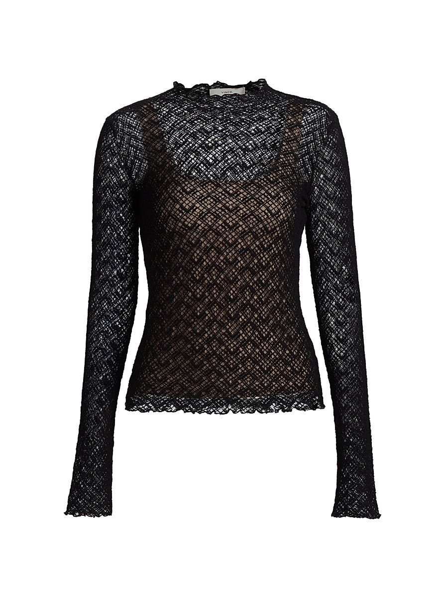 Women's Lace Long-Sleeve Jewel-Neck Top - Black - Size XS