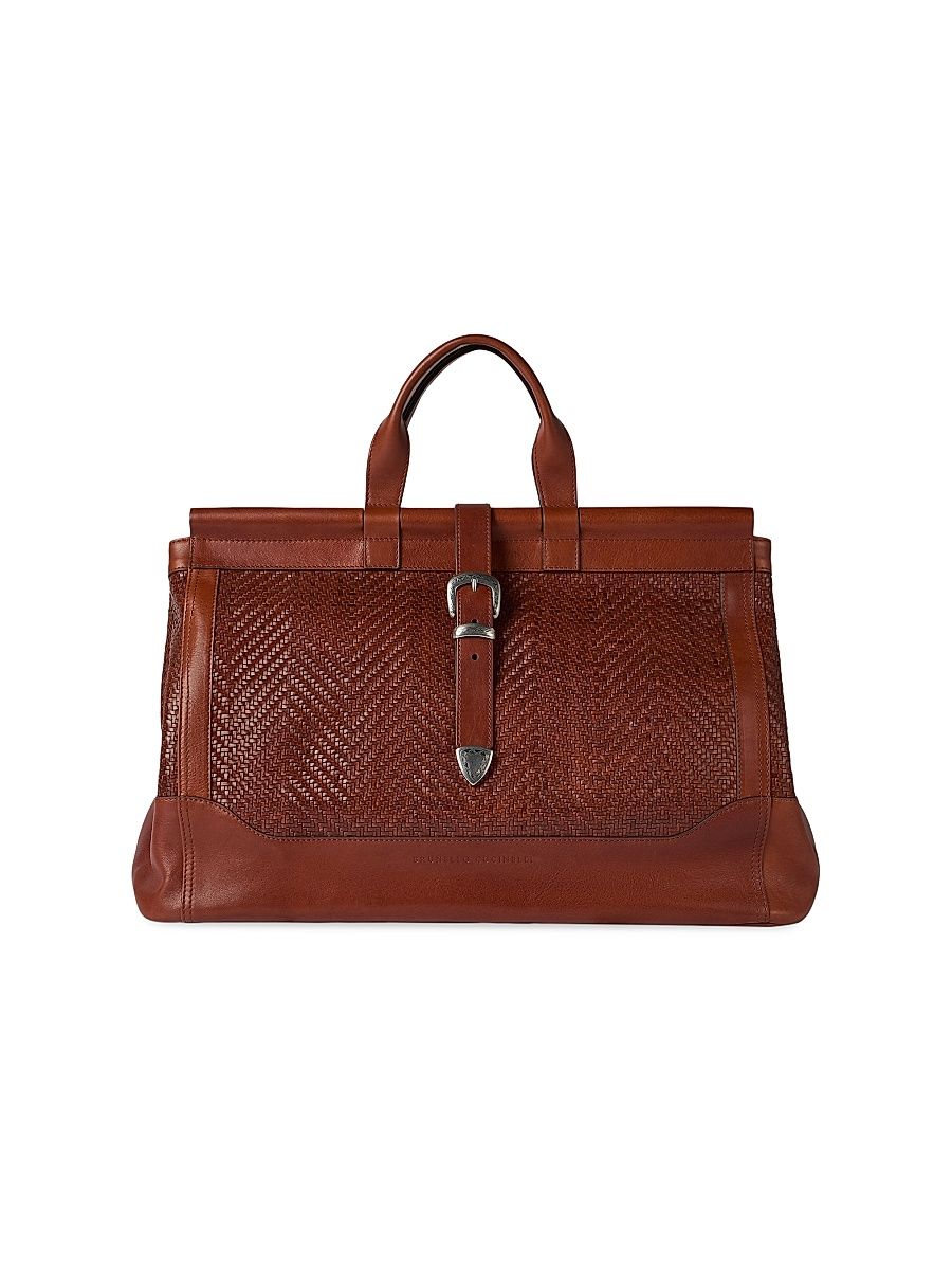 Men's Braided Leather and Cowhide Doctor Bag - Cognac