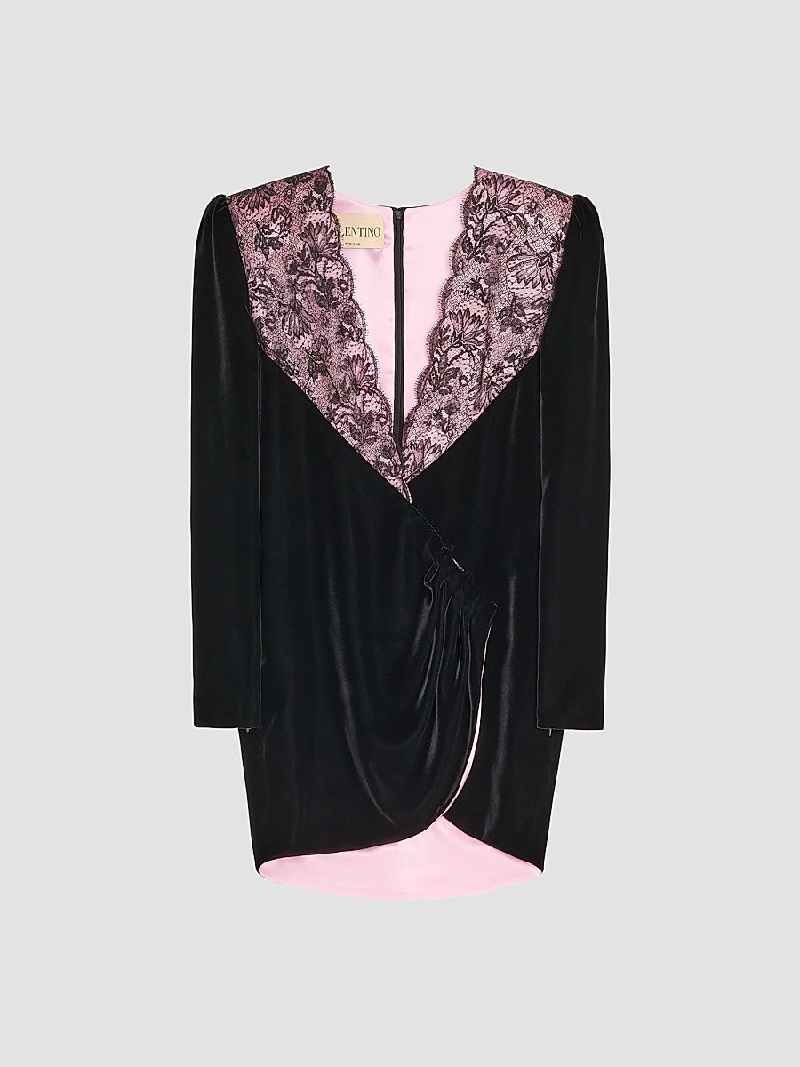 Women's Short Velvet Dress with Lace - Black Pink - Size 14