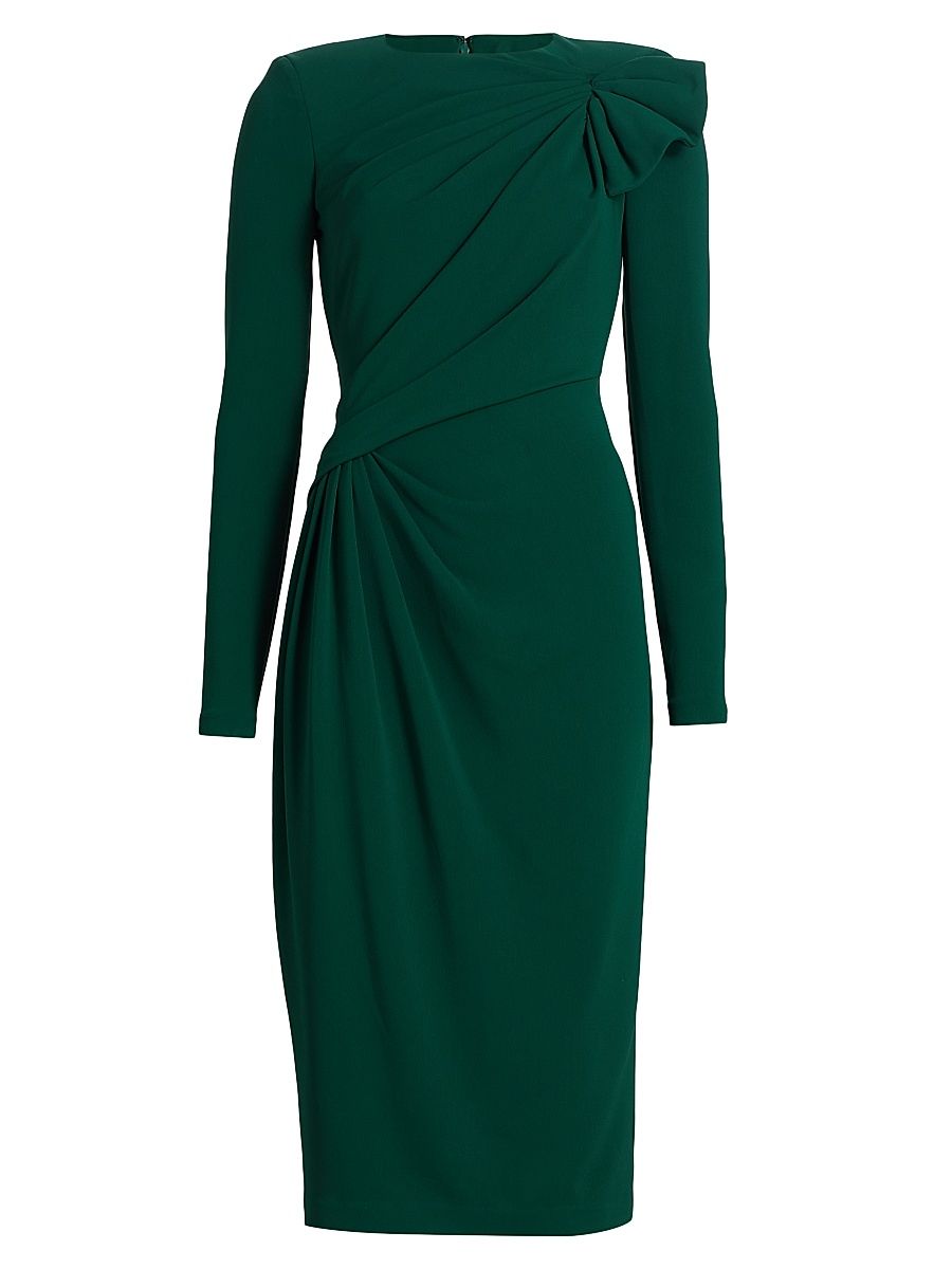 Women's Draped Long-Sleeve Cocktail Dress - Dark Emerald - Size 14