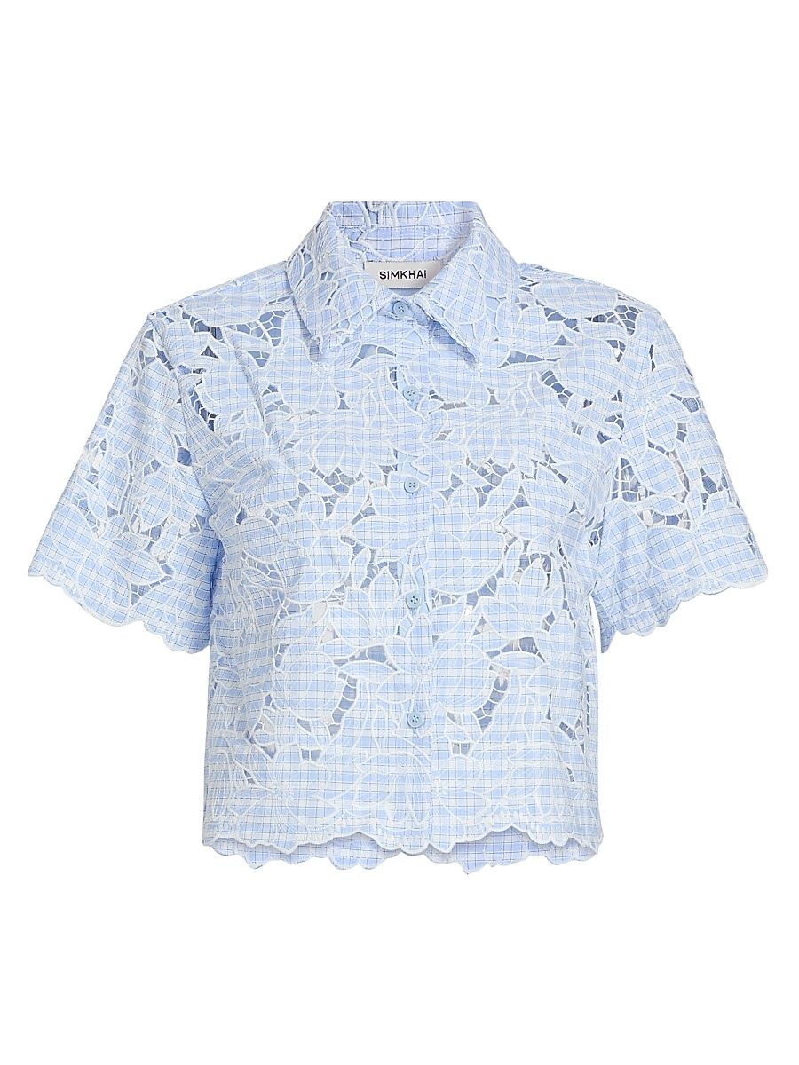 Women's Ryett Checked Laser-Cut Floral Crop Shirt - Periwinkle Sky Multi - Size Large