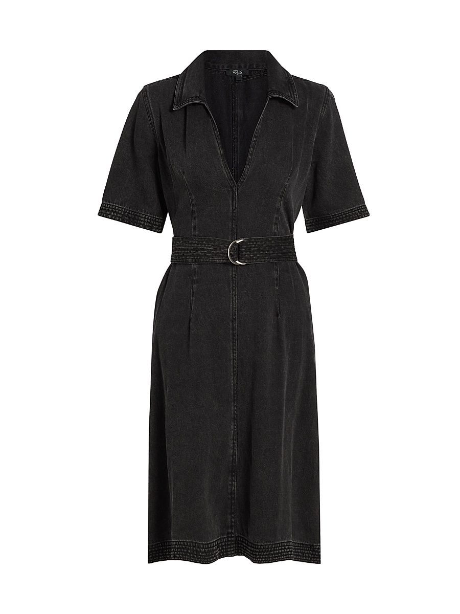 Women's Mavis Belted Denim Knee-Length Dress - Washed Black - Size Medium
