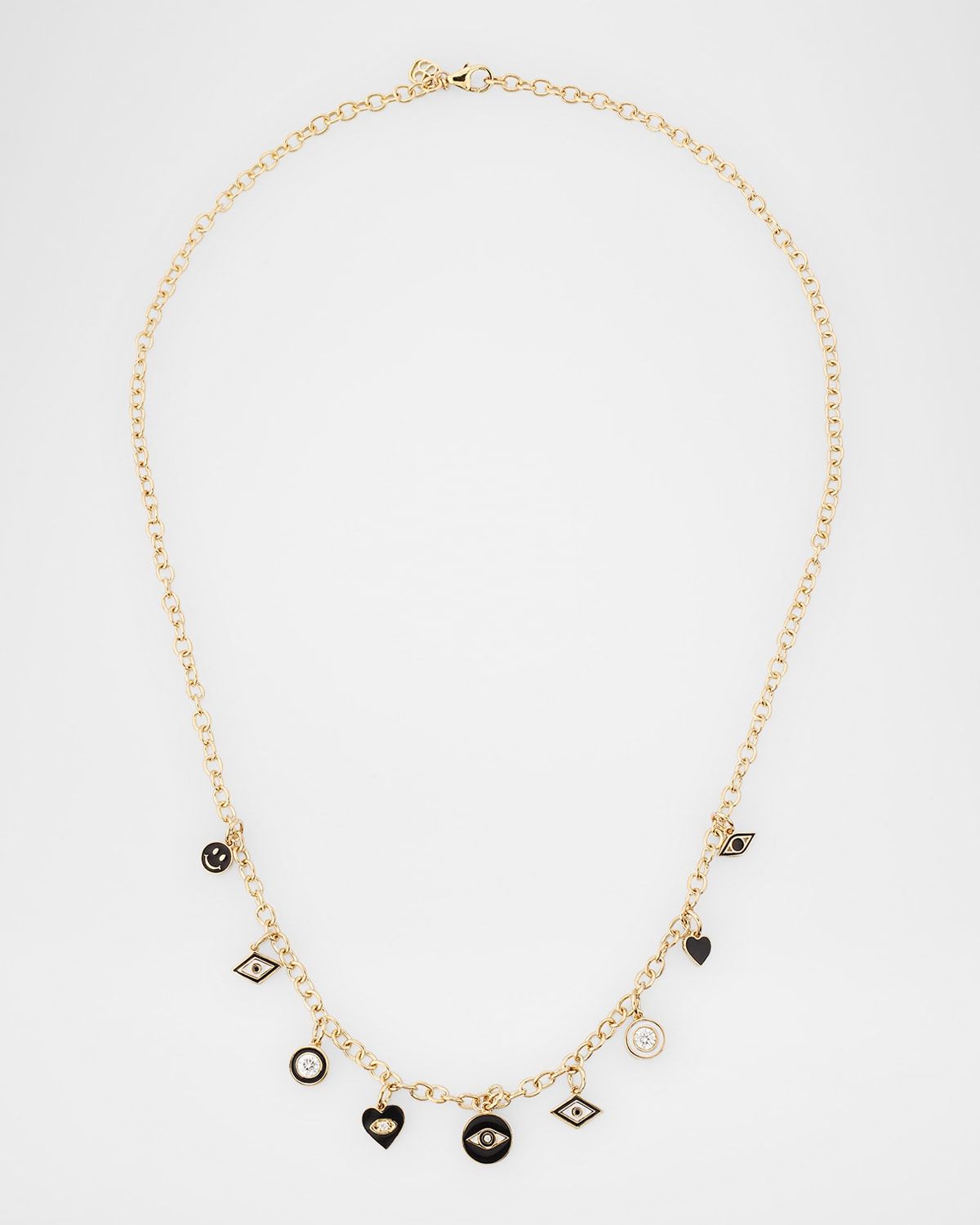 14K Yellow Gold Black and White Enamel Charm Necklace with Diamonds