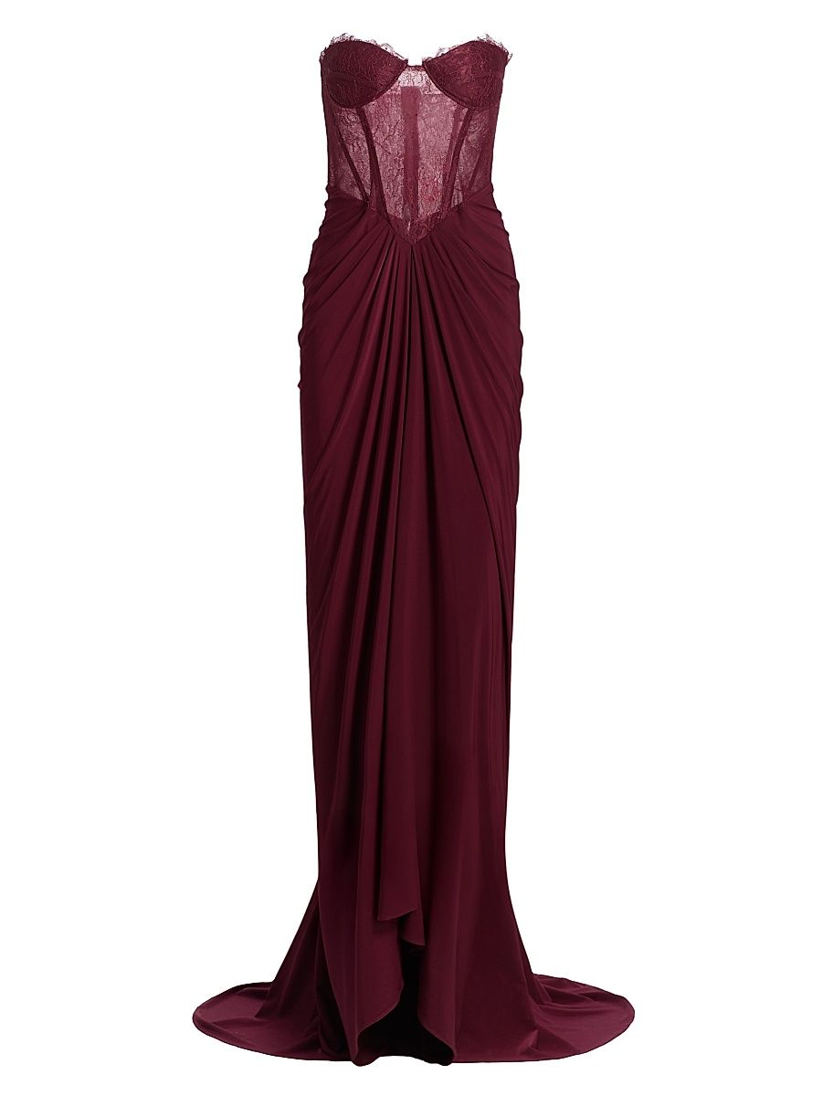 Women's Lace & Jersey Strapless Gown - Cabernet - Size 4