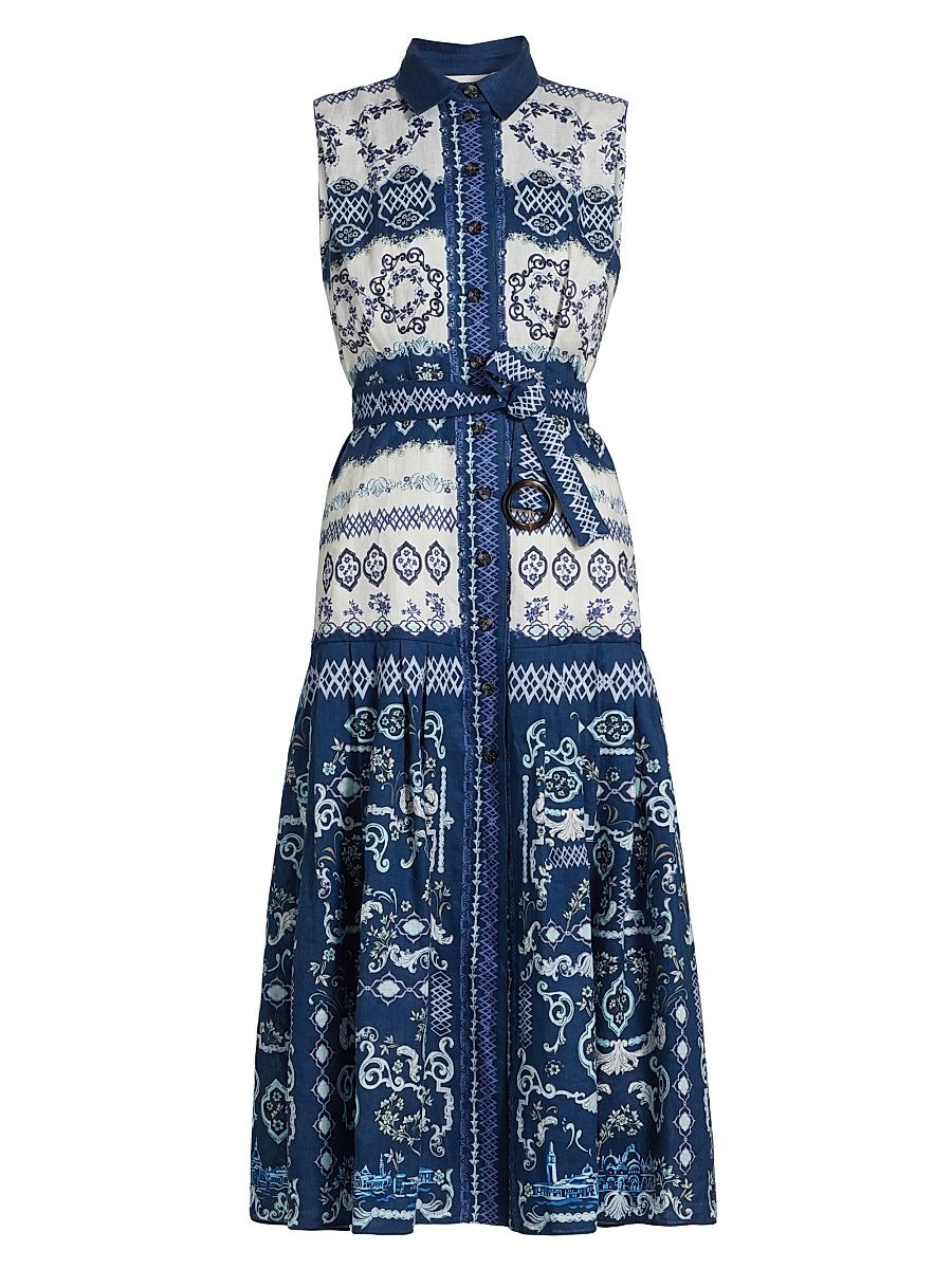 Women's Nya Linen Tie-Waist Maxi Dress - Riviera Print - Size 10