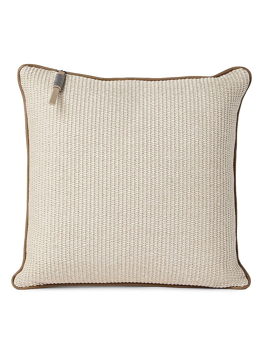Raffia Effect Techno Cotton Cushion with Leather Piping - Panama