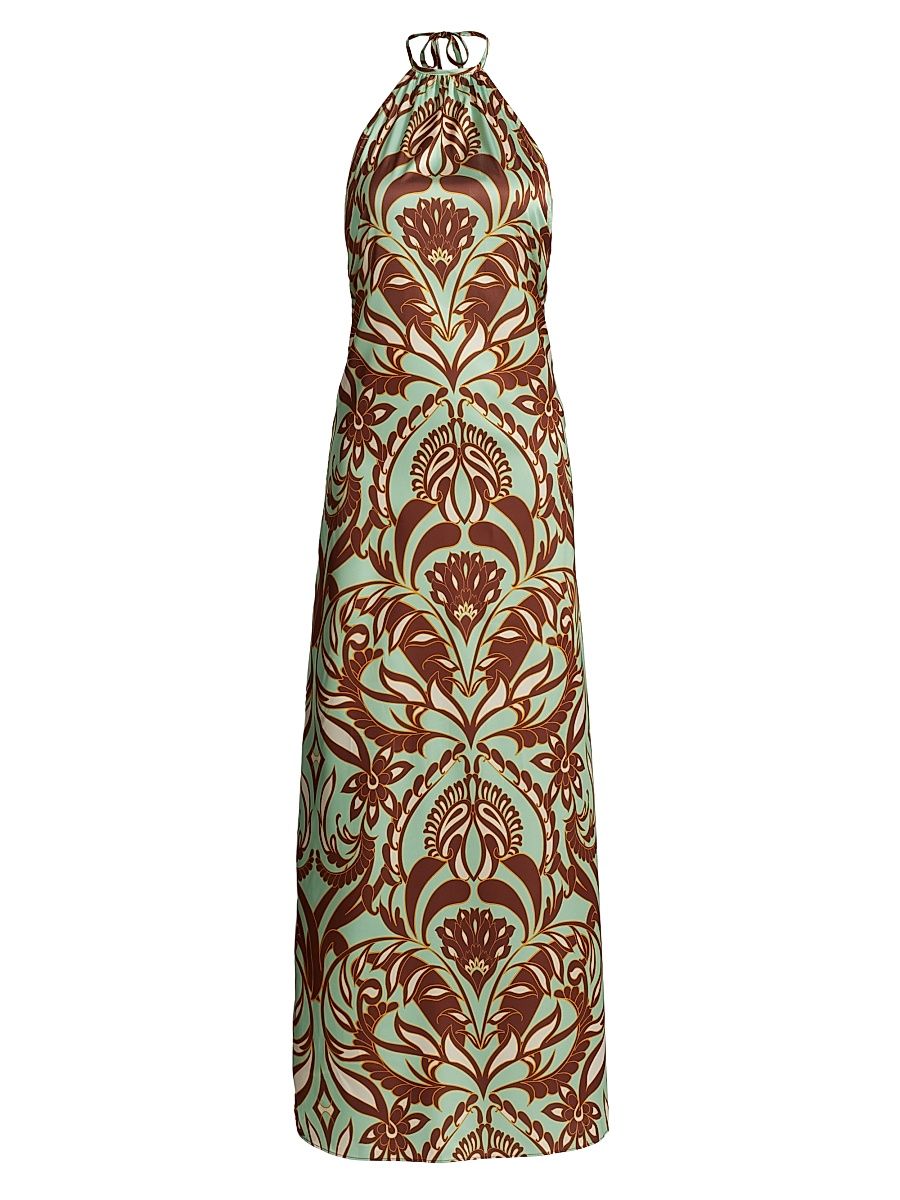 Women's Samantha Printed Satin Halterneck Maxi Dress - Vintage Botancl Satin Brown - Size XL