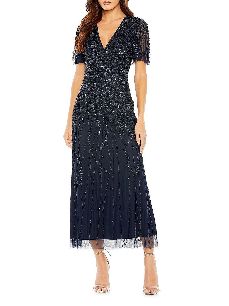 Women's Beaded Sheath Short-Sleeve Midi-Dress - Midnight - Size 24