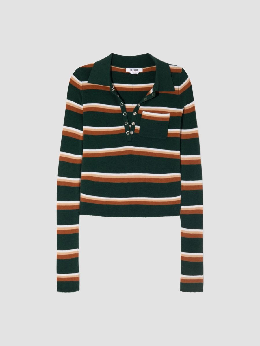Re/done Women's Erin Striped Henley Top - Aspen Cognac - Size Large