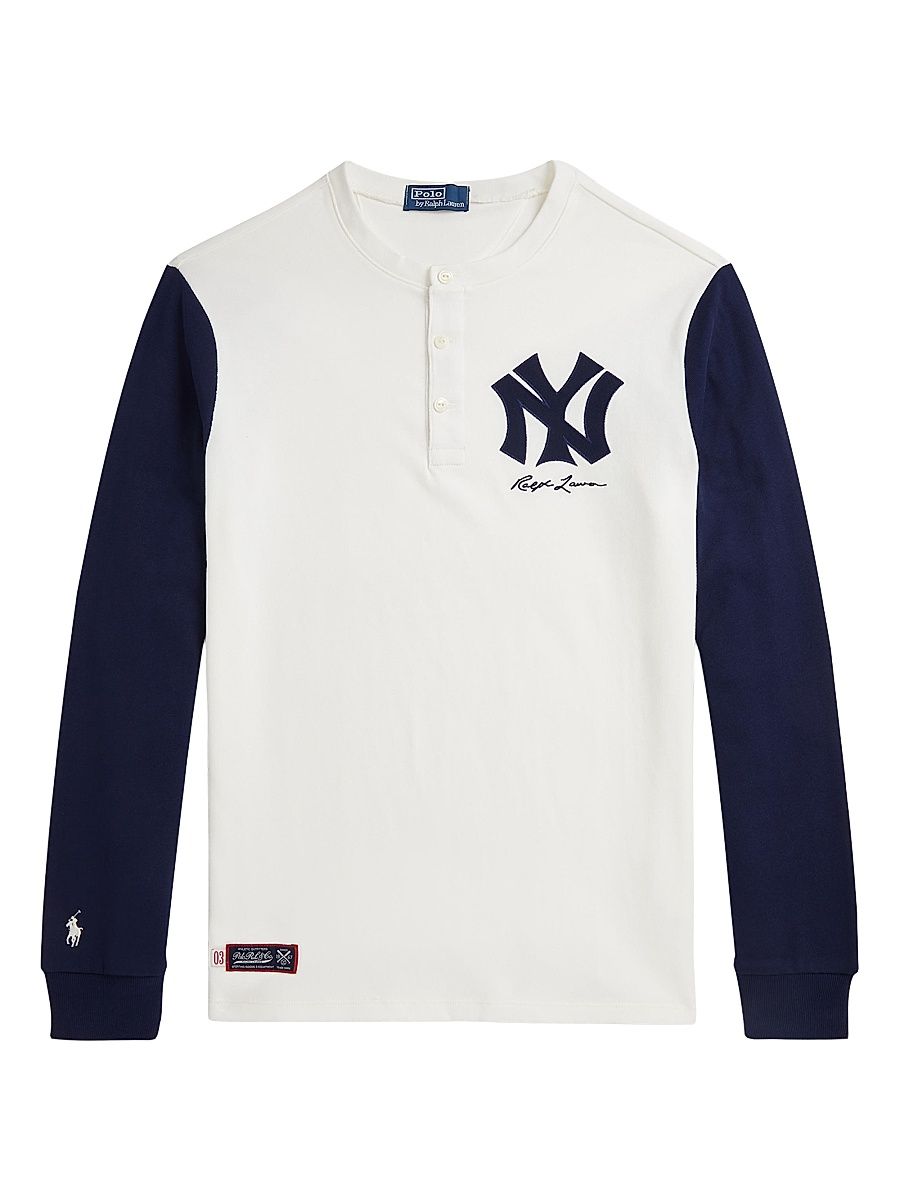 Men's New York Yankees Henley Shirt - Deckwash White Newport Navy - Size Small