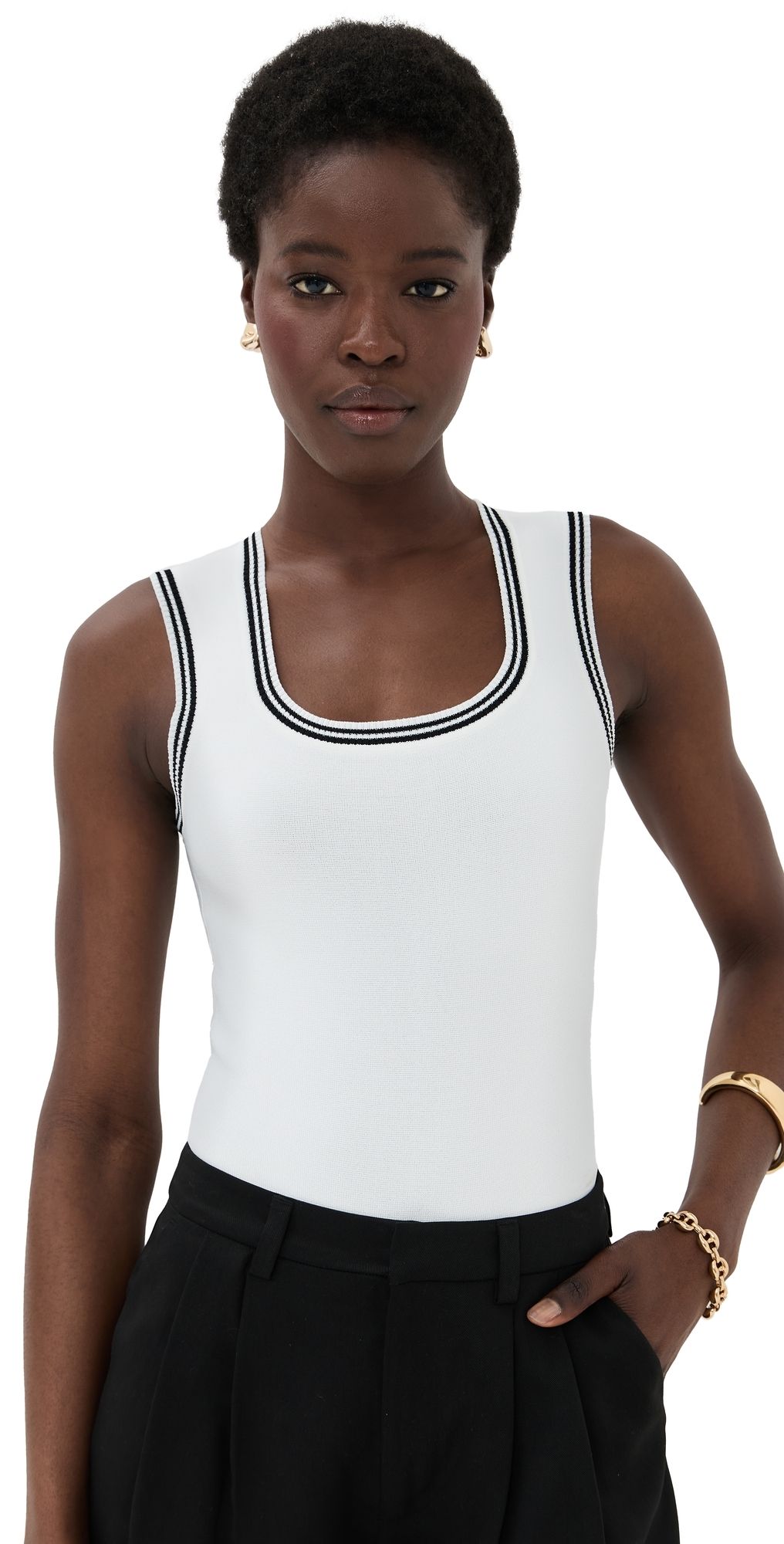 LE BOP Ringer Square Neck Tank Bodysuit Black & White S
