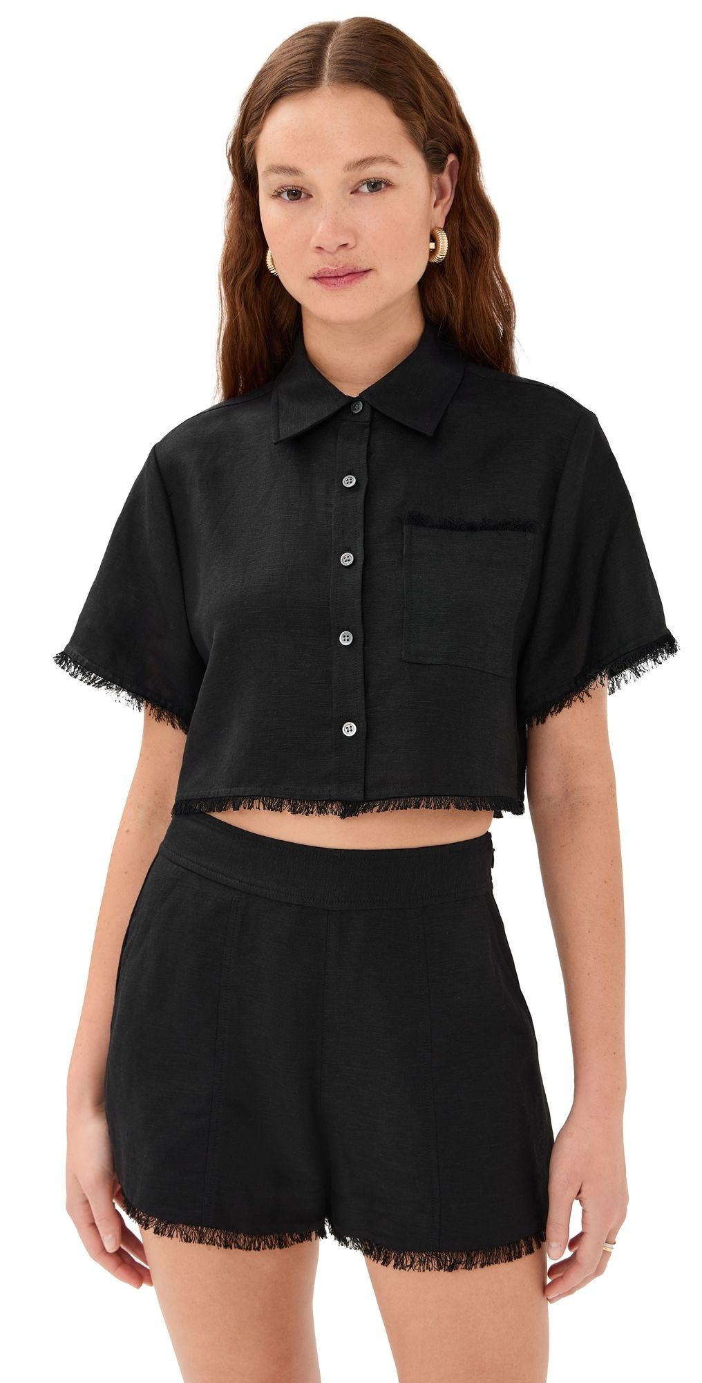 SIMKHAI Solange Short Sleeve Cropped Shirt Black L
