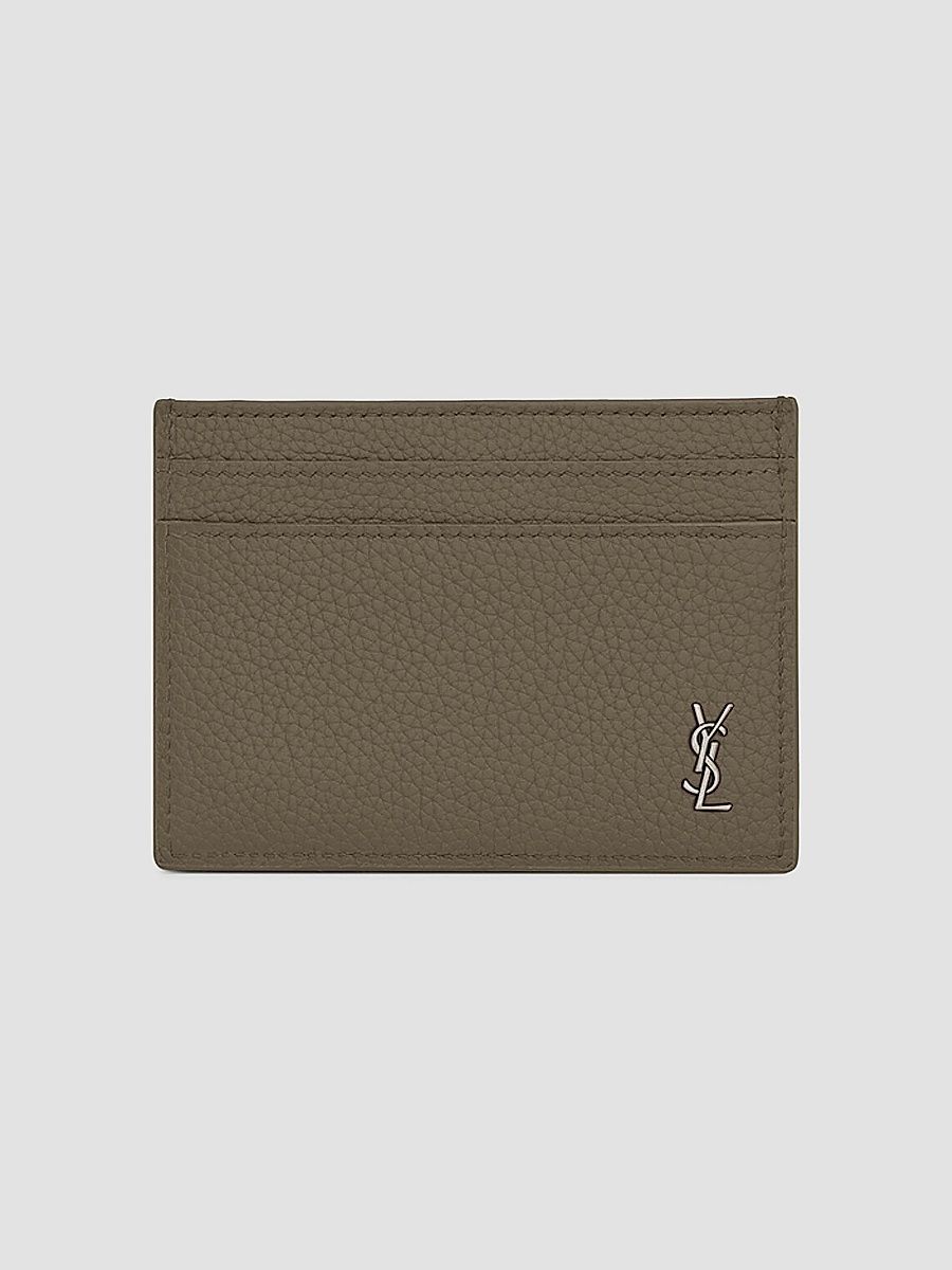 Saint Laurent Men's Tiny Cassandre Card Case in Grained Leather - Dark Khaki