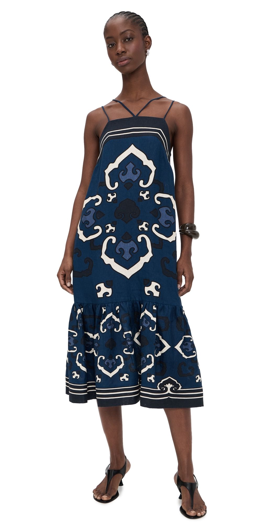 Sea Blaise Linen Print Spaghetti Strap Dress Navy M