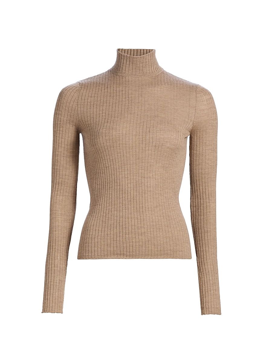 Women's Rib-Knit Turtleneck Cashmere Sweater - Camel - Size XL